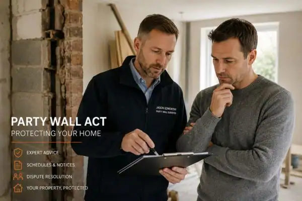 Party wall surveyor Bury St Edmunds discussing extension plans with homeowner outside a UK semi-detached house.